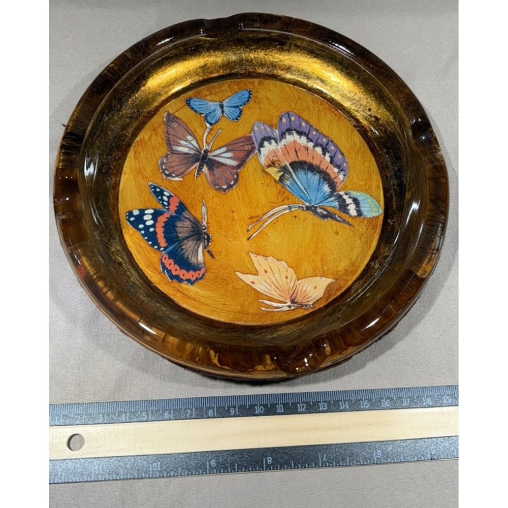 Painted W/Butterflies  Felt Lined Backing Beautiful Change Jewelry Ashtray Redid